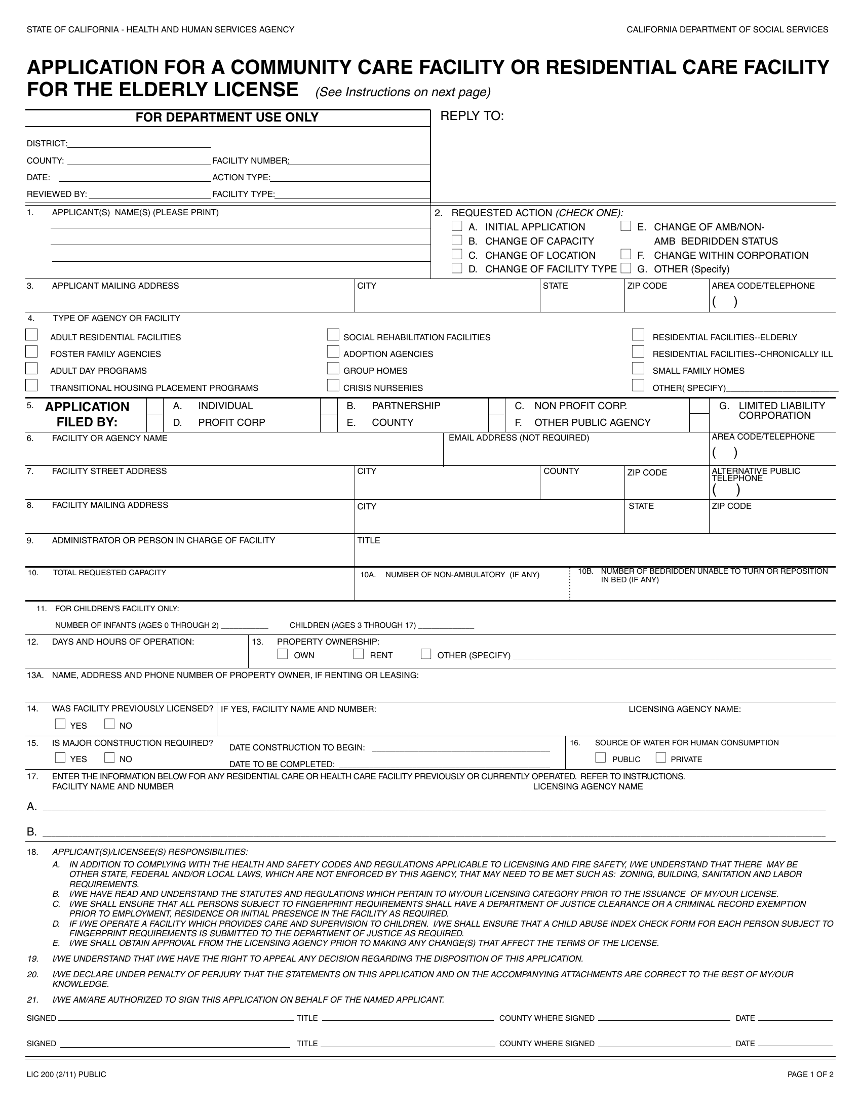 LIC 200 Application For A Community Care Facility Or Residential Care   LIC200 