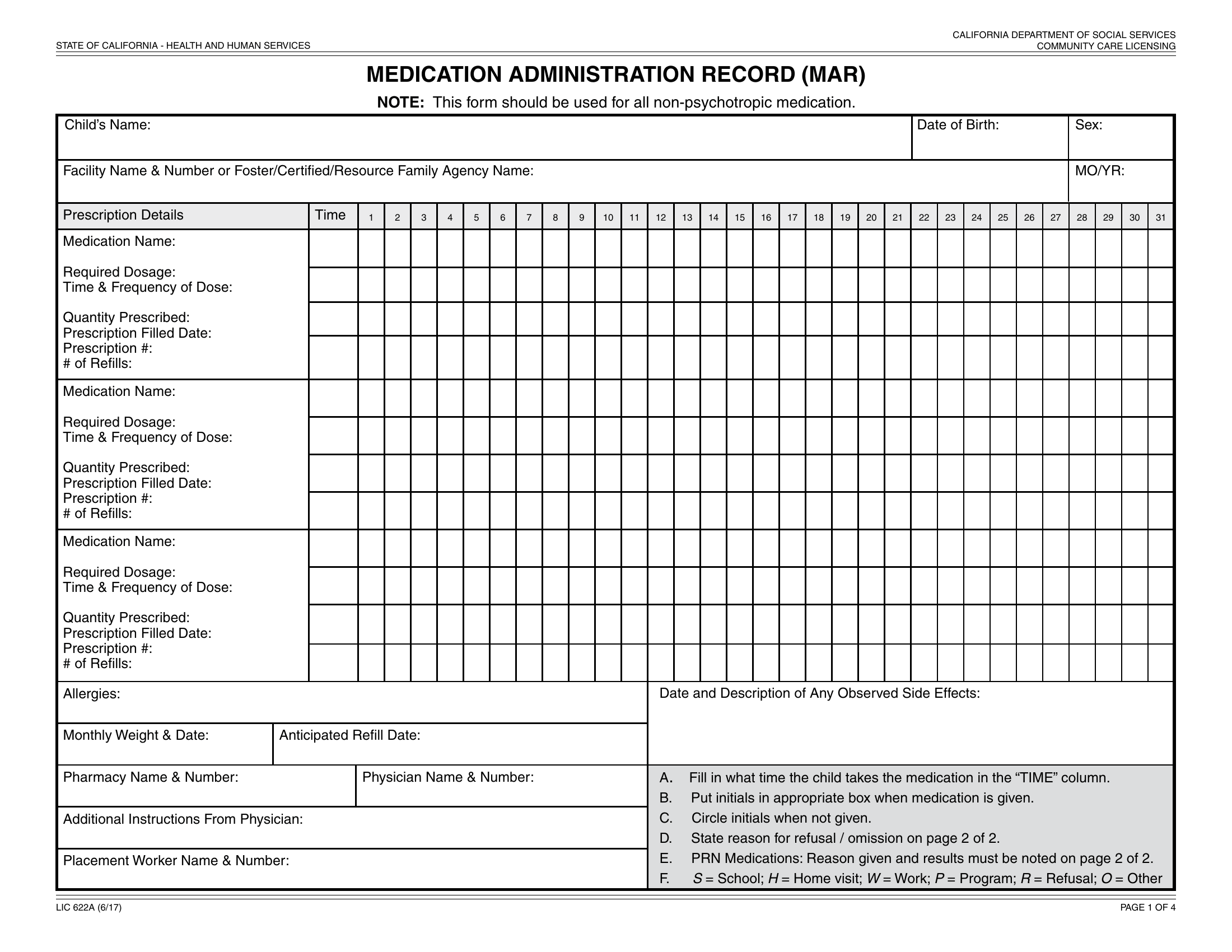 LIC 622A - Medication Administration Record | FormsDocs.com