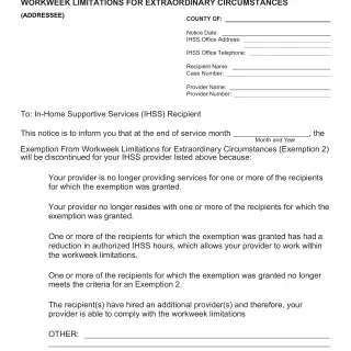 IHSS-E 003 - In-Home Supportive Services Program Notice To Recipient For Discontinuance Of Exemption From Workweek Limitations For Extraordinary Circumstances