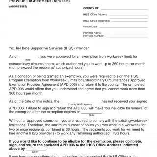 IHSS-E 004 - In-Home Supportive Services Program Notice Of Non-Receipt Of Exemption From Workweek Limits Provider Agreement