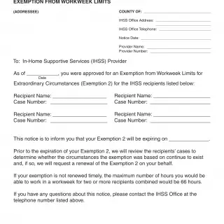 IHSS-E 006 - In-Home Supportive Services Program Notice To Provider Of Expiration Of Exemption From Workweek Limits