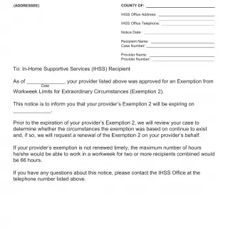 IHSS-E 007 - In-Home Supportive Services Program Notice To Recipient Of ProviderвЂ™s Expiration Of Exemption From Workweek Limits