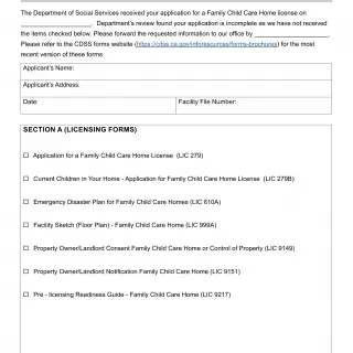 LIC 184B - Notification Of Incomplete Application - Family Child Care Home