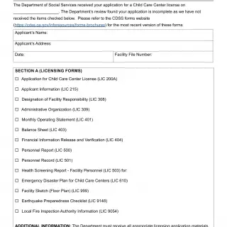 LIC 184C - Notification Of Incomplete Application Child Care Centers -В Pre-30-Day NOIA