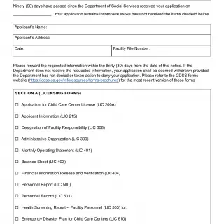 LIC 184D - Notification Of Incomplete Application Child Care Centers - 30-Day NOIA