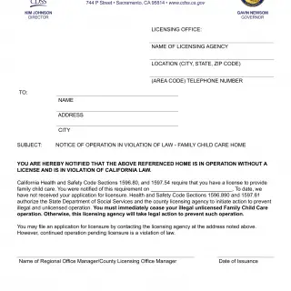 LIC 195A - Notice Of Operation In Violation Of Law - Family Child Care Home