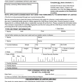 LIC 198 - Child Abuse Central Index Check For County Licensed Facilities