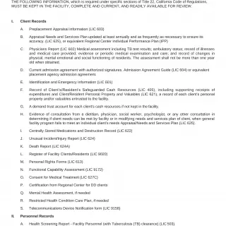 LIC 311C - Records To Be Maintained At The Facility - Adult Residential