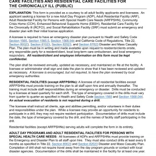 LIC 610D - Emergency Disaster Plan For Adult Day Programs, Adult Residential Facilities, Residential Care Facilities For The Chronically Ill And Social Rehabilitation Facilities