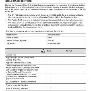 LIC 9118 - Facility Inspection Checklist Checklist Child Care Centers