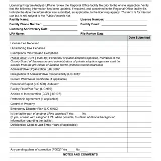 LIC 9119 AA - Facility Inspection Checklist Adoption Agency