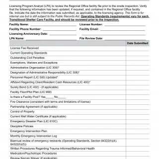 LIC 9119 TrSCF - Facility Inspection Checklist Transitional Shelter Care Facility