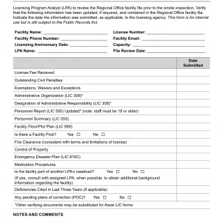 LIC 9119 YHPC - Facility Inspection Checklist Youth Homelessness Prevention Center