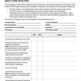 LIC 9120A - Licensed Facility Inspection Checklist Adult Care Facilities