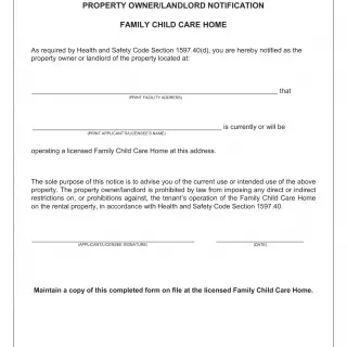 LIC 9151 - Property Owner/Landlord Notification Family Child Care Home