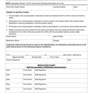 LIC 9221 - Parent Consent For Administration Of Medications And Medication Chart