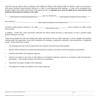 LIC 9222 - Blood Glucose Testing Consent/Verification Child Care Facilities