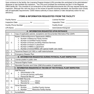 LIC 9234  Entrance Checklist Foster Family Agency