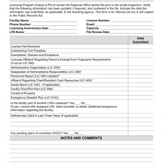 LIC 9237  Facility Inspection Checklist Transitional Housing Placement Program