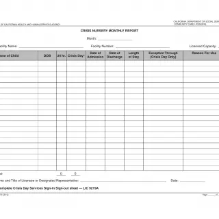 LIC 9219 - Crisis Nursery Monthly Report