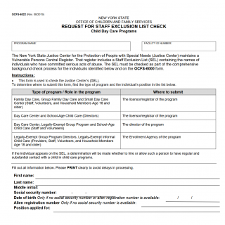 OCFS-6022 - Request for Staff Exclusion List Check OCFS-6022 - Request for Staff Exclusion List Check
