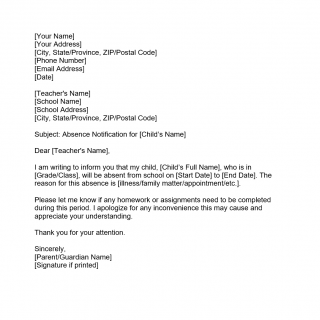 Parent Absence Letter to Teacher