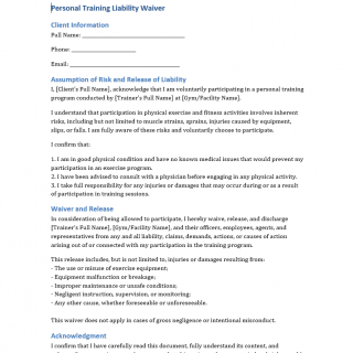 Personal Training Liability Waiver Personal Training Liability Waiver