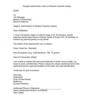Authorization Letter to Redeem Pawned Jewelry Authorization Letter to Redeem Pawned Jewelry