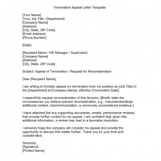 Termination Appeal Letter for Employment Reconsideration