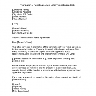 Termination of Rental Agreement Letter by Landlord