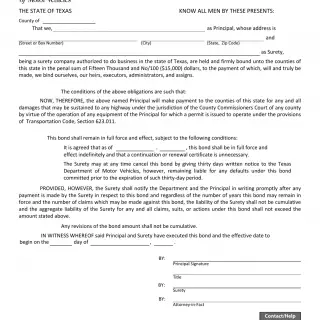 TxDMV DMV-1753 - Over Axle and Over Gross Weight Tolerance Permit Bond