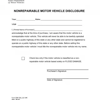 TxDMV ENF-SAL-221-NR - Nonrepairable Motor Vehicle Disclosure