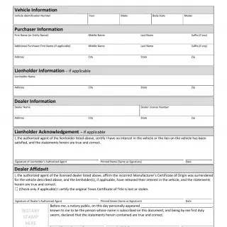 TxDMV VTR-18 - Title Revocation Affidavit for Incorrect ManufacturerвЂ™s Certificate of Origin Surrendered