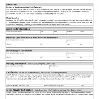 TxDMV VTR-203 - Bill of Sale for a Junk Motor Vehicle