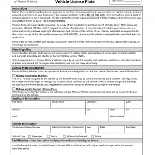 TxDMV VTR-135 - Application for Former Military Vehicle License Plate