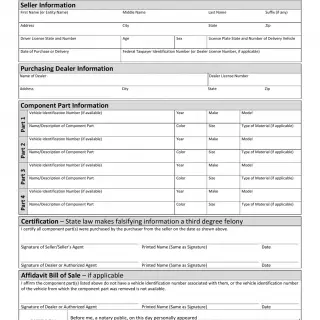 TxDMV VTR-207 - Inventory of Component Parts Purchased/Affidavit Bill of Sale