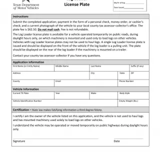 TxDMV VTR-209 - Application for Log Loader License Plate