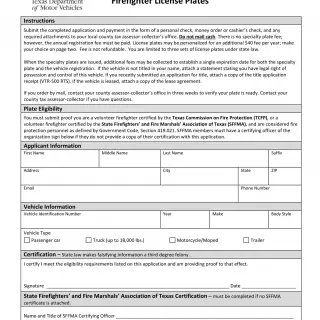 TxDMV VTR-311 - Application for Certified Firefighter License Plates