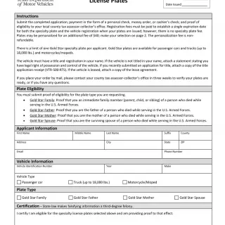 TxDMV VTR-423 - Application for Gold Star License Plates