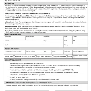 TxDMV VTR-425 - Application for Surviving Spouse of a Veteran License Plates