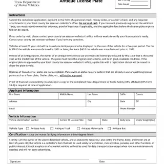 TxDMV VTR-54 - Application for Antique License Plate