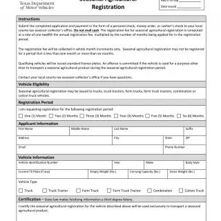 TxDMV VTR-626 - Application for Seasonal Agricultural Registration