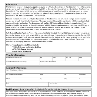 TxDMV VTR-71-4 - Application for Certificate of Authority to Dispose of an Abated Public Nuisance Vehicle