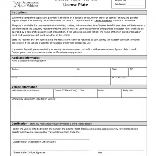 TxDMV VTR-76 - Application for Disaster Relief Vehicle License Plates