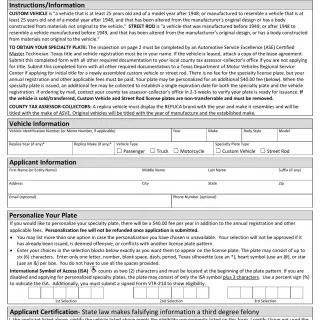 TxDMV VTR-852 - ASE Safety Inspection and Application for Custom Vehicle or Street Rod License Plates